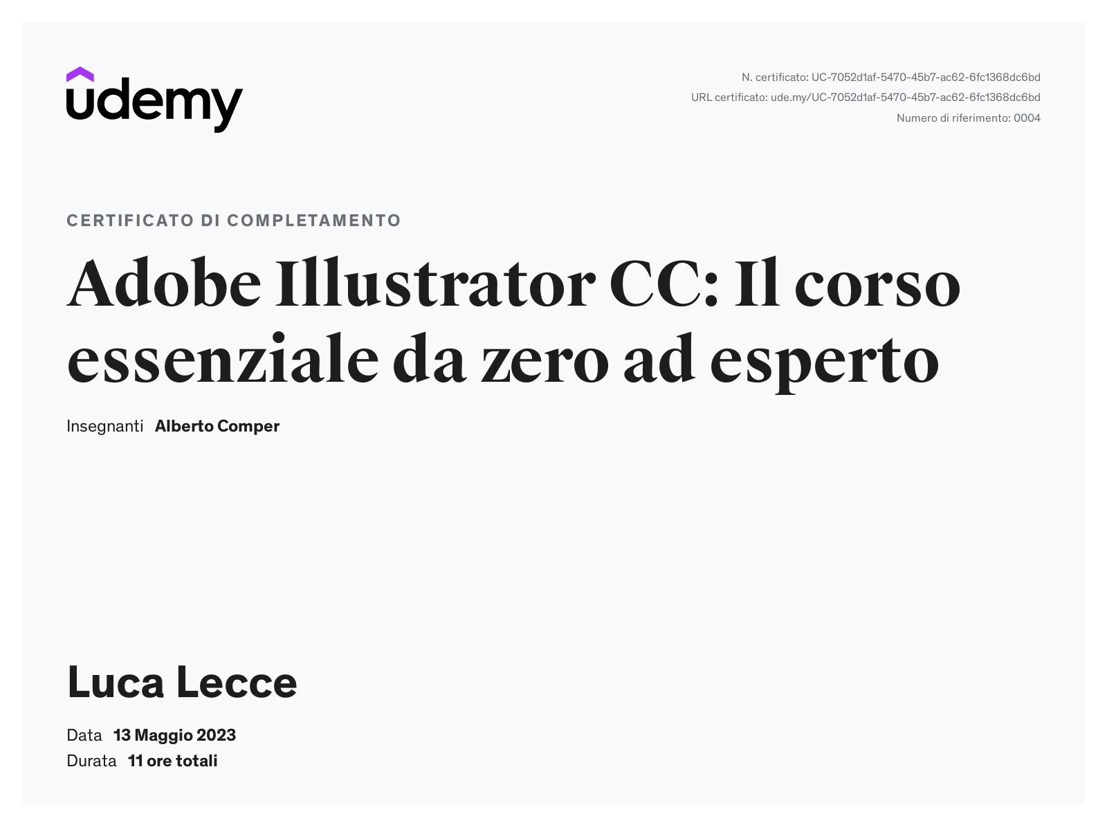 Certificato Udemy Illustrator CC