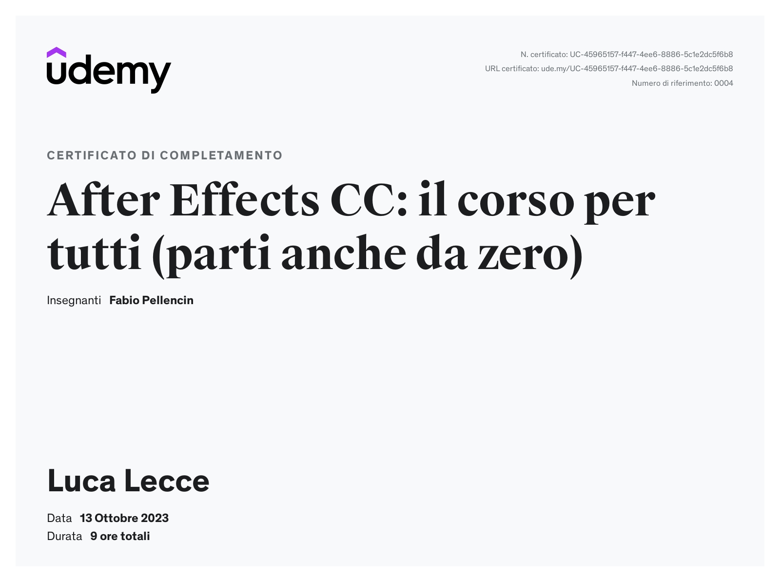 certificato udemy after effect